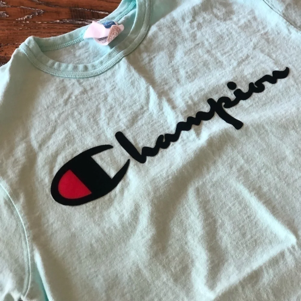 Champion Vintage Flock Print Logo T Shirt Sz M - Picture 6 of 12